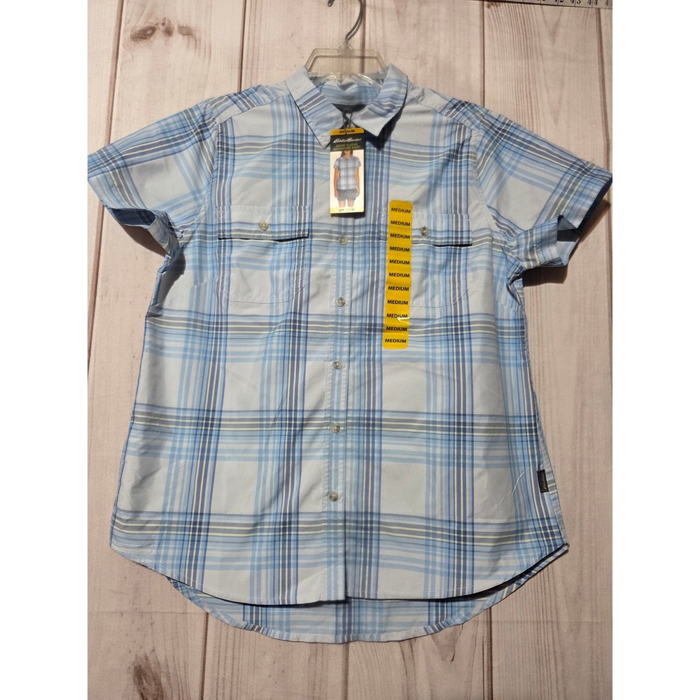 Eddie Bauer Womens Adventure Shirt Blue Plaid Short Sleeve UPF 50‎ Medium NWT